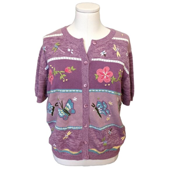 Vintage 90s Tabi Purple Cardigan Embroidered Butterfly Flower Grandmacore Knit M - Picture 1 of 10